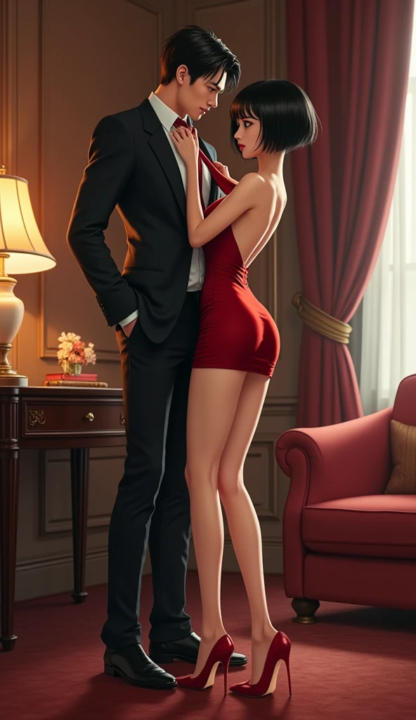 (People, Japanese, short black hair, luxury city hotel room, mini skirt, dress, wearing red heels, woman grabbing man's tie and swinging it around.
