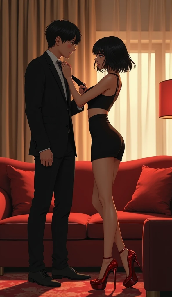 (People, Japanese, short black hair, luxury city hotel room, mini skirt, dress, wearing red heels, woman grabbing man's tie and swinging it around.