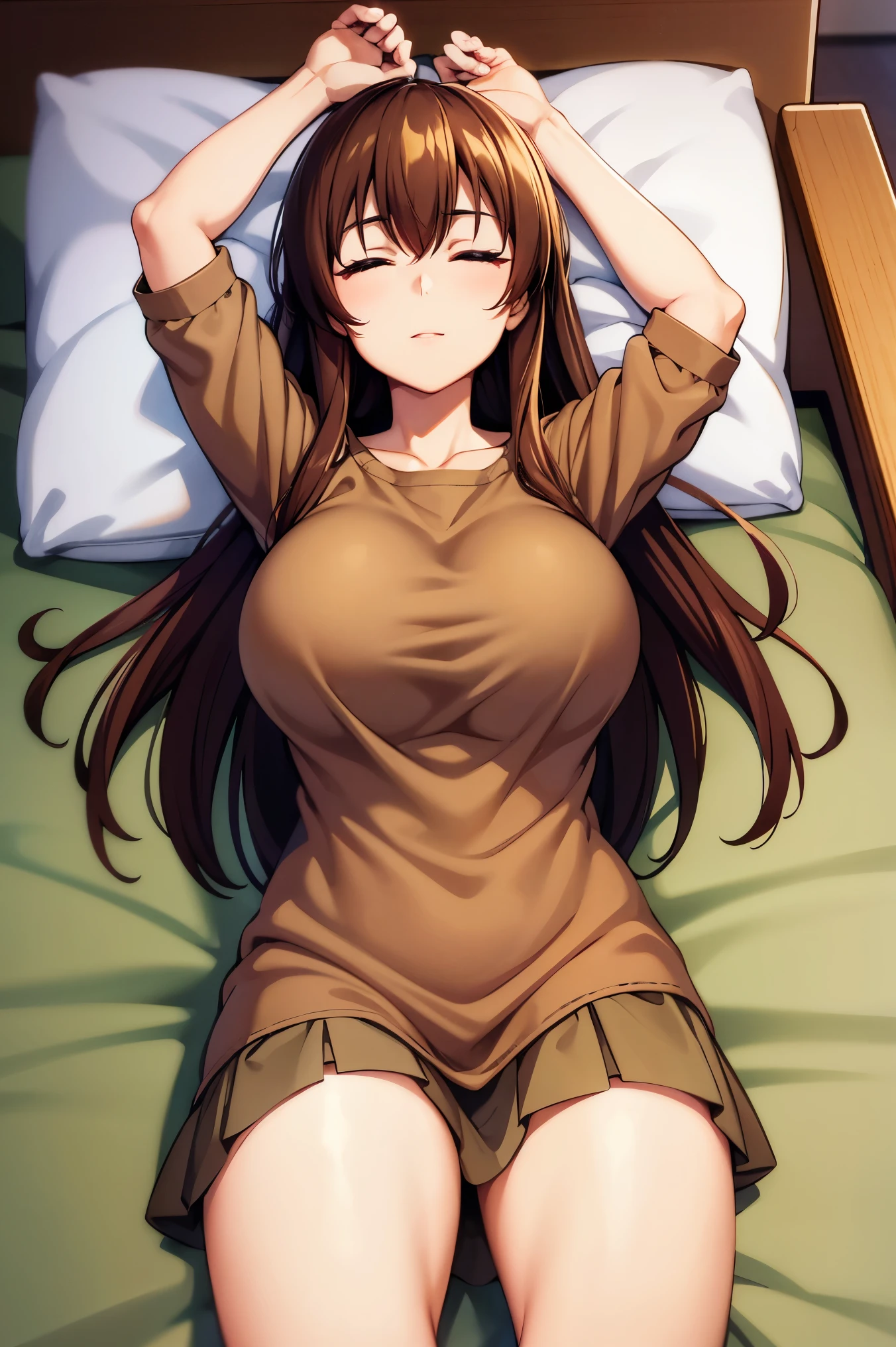 Huge , Busty, best quality, (masterpiece:1.2), highly detailed, brown t-shirt, hands up, 1girl, kotegawa ka, (((sleeping))), sleep, closed eyes, lying arround bed, bedroom, bed, pillow, light smile, brown eyes, long hair, indoor, room, close up, short skirt