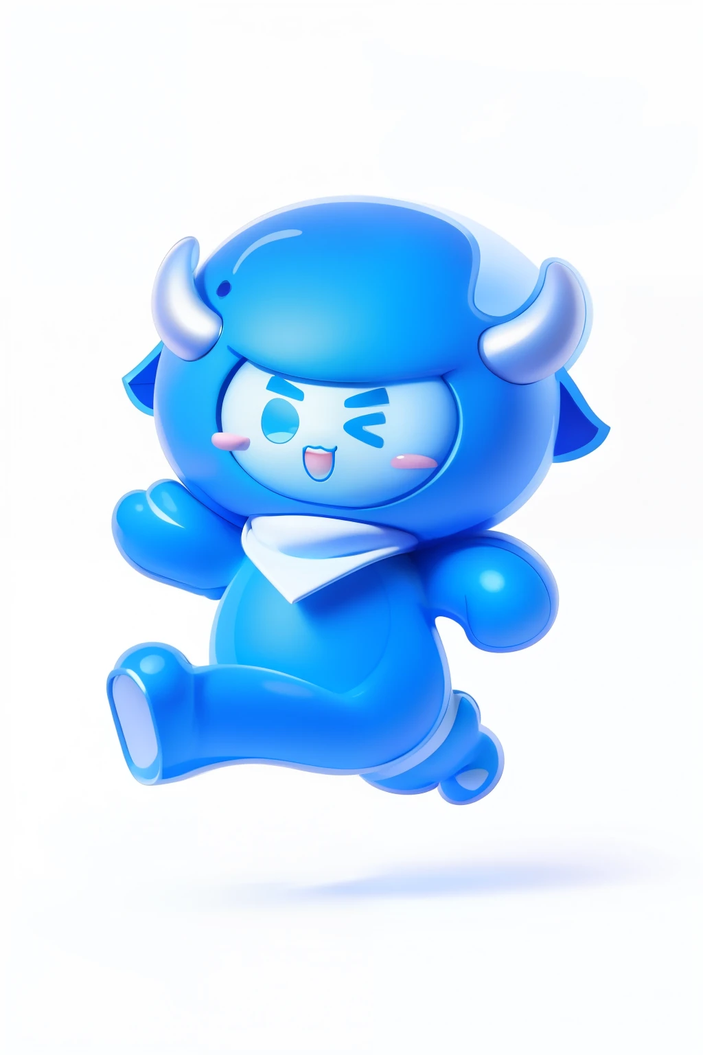 A cute blue cartoon mascot with two horns on his head, wearing a triangular scarf, jumping in the air, simple background, white background, simple lines and shapes character design surreal, full body, blush, bean Pea eyes, 3D effect, clear outline light, edge light, spotlight, 8k