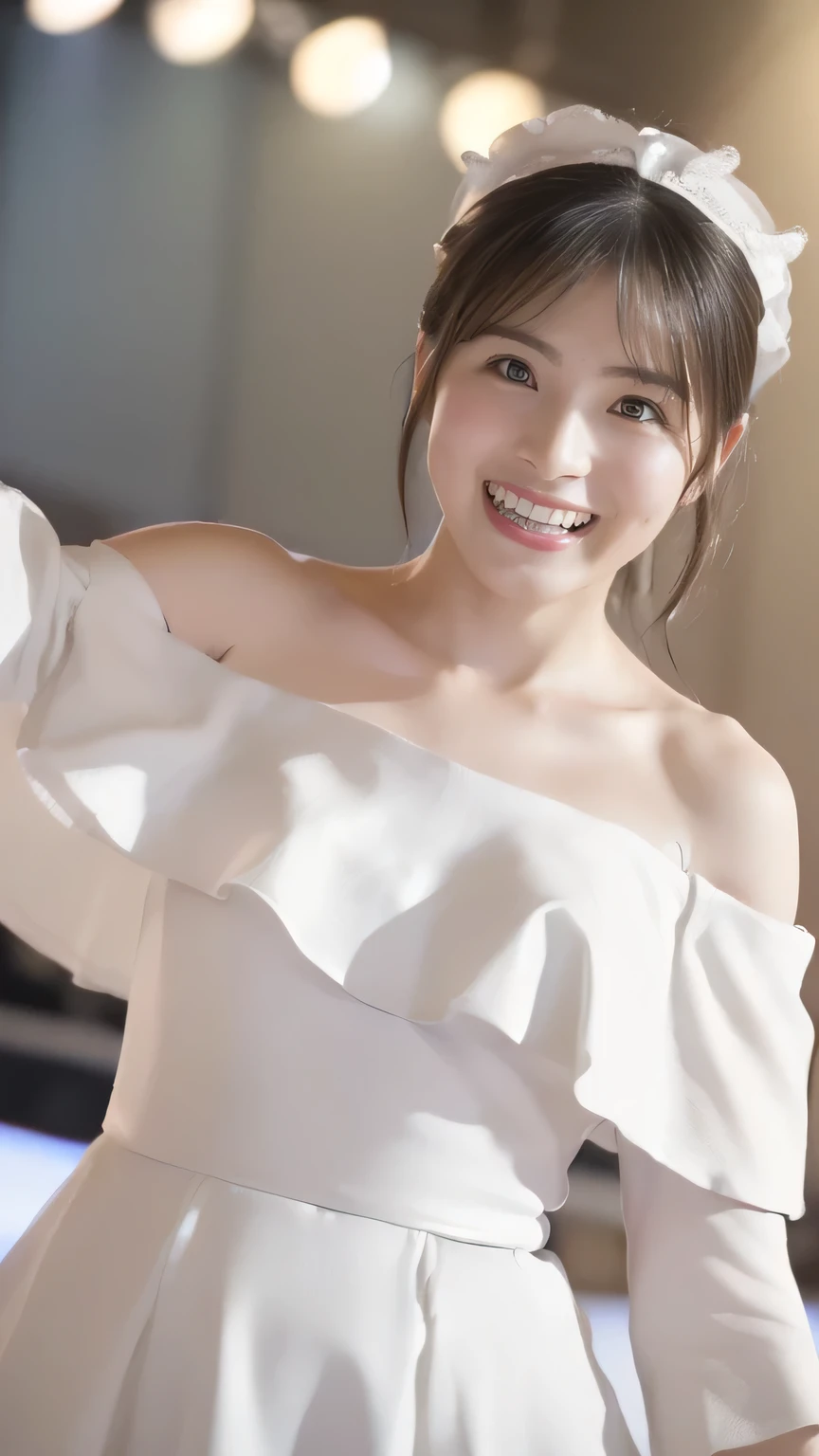 (8k、RAW Photos、Highest quality、masterpiece:1.2)、(Realistic、Realistic)、1 person、((White off-the-shoulder dress、on stage、Get noticed、Front view、smile、Looking into the camera 、smile、Upper body photo:1.5))、Leaning forward、cute、Large Breasts、(((Sing with a microphone)))