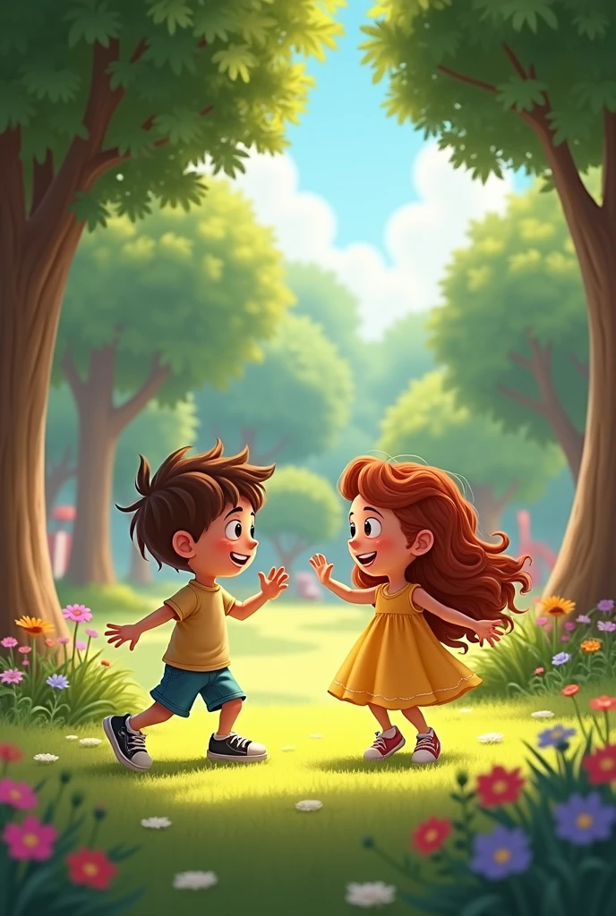 A boy and a girl were playing in the park 