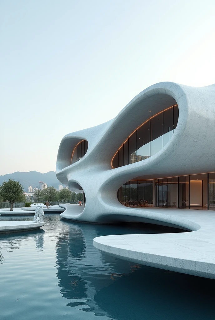 Draw a curved building in the style of architect Zaha Hadid