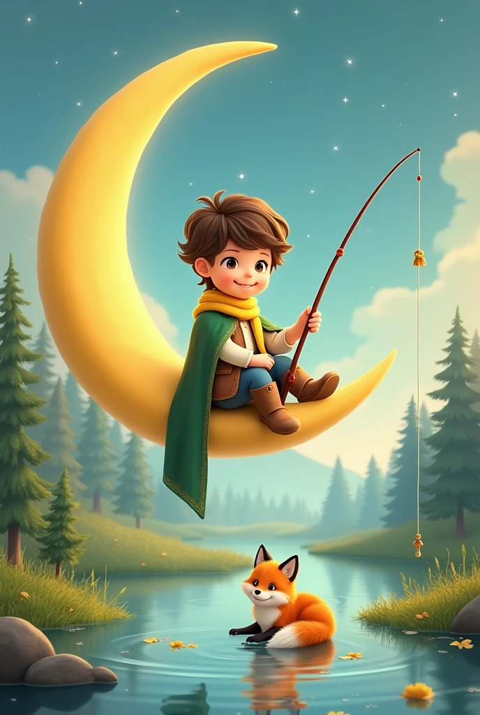 ultra detali, 1 cute little prince, wearing a bright yellow scarf, green mantle, sitting on a crescent moon, holding a fishing rod, northern fox curled at his feet, serene lake below, Beautiful bright colors, fairy tale scene, smooth background, bright coloured, soft lighting, enchanting, storybook illustration, illustration, Romanticism, アニメ, Ghibli-like colors, estilo アニメ, best qualityer, 8k, high resolution, work of art, ultra HD, work of art, precise, anatomically correcte, 8k, awardwinning