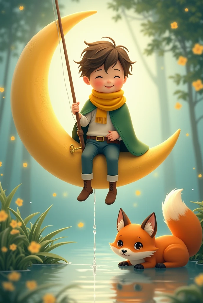 ultra detali, 1 cute little prince, wearing a bright yellow scarf, green mantle, sitting on a crescent moon, holding a fishing rod, northern fox curled at his feet, serene lake below, Beautiful bright colors, fairy tale scene, smooth background, bright coloured, soft lighting, enchanting, storybook illustration, illustration, Romanticism, アニメ, Ghibli-like colors, estilo アニメ, best qualityer, 8k, high resolution, work of art, ultra HD, work of art, precise, anatomically correcte, 8k, awardwinning