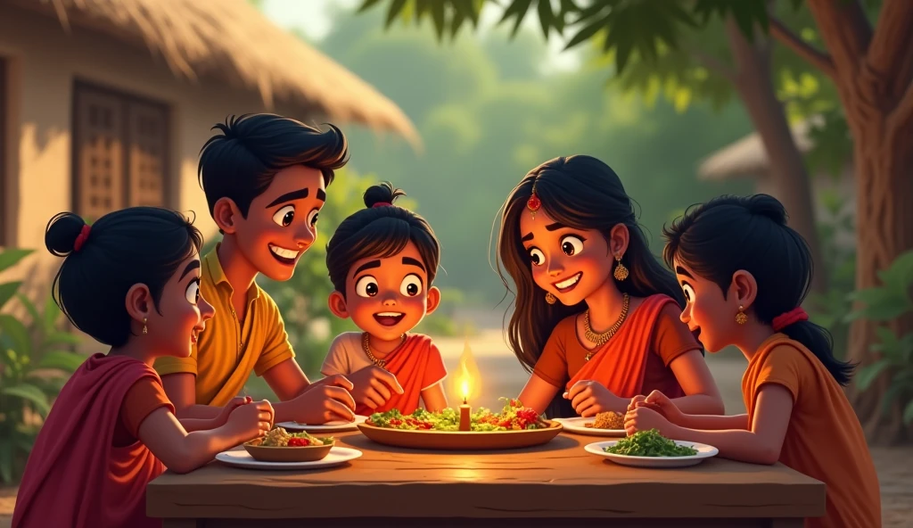 In cinematic 2d cartoon style log shot indian village  The family gathered around a small dinner table, sharing a simple meal with contented expressions, embracing their modest lifestyle man family night dinner 