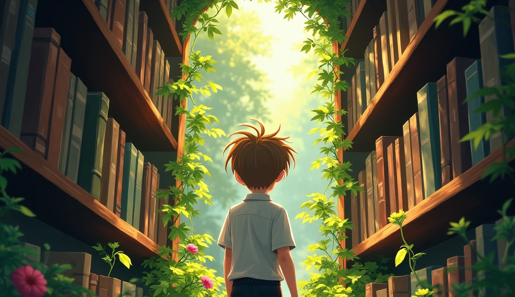 The back of teenager boy with bright, a mop of unruly, sandy brown hair, stands at The channel between the bookshelves he finds the entrance of a hidden garden. He is wearing a crisp, school uniform with a white shirt and a black tie.
stands at the entrance of a hidden garde in the library. Sunlight filters through the trees, casting dappled shadows on the lush green foliage and vibrant flowers.