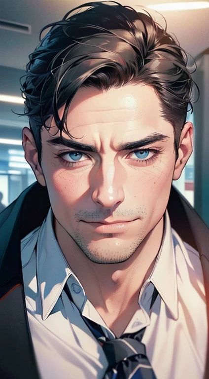 (best quality,4k,8k,highres,masterpiece:1.2),ultra-detailed,(realistic,photorealistic,photo-realistic:1.37),1 man,3,mature man,very handsome,without expression,smile,short grey black hair,blue eyes,penetrating gaze,perfect face without errors,imposing posture,businessman,office background,cinematic lighting,hdr image