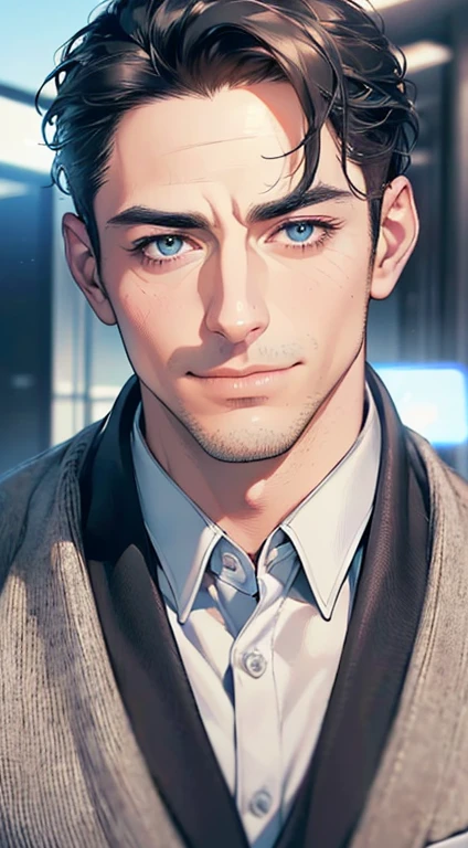 (best quality,4k,8k,highres,masterpiece:1.2),ultra-detailed,(realistic,photorealistic,photo-realistic:1.37),1 man,3,mature man,very handsome,without expression,smile,short grey black hair,blue eyes,penetrating gaze,perfect face without errors,imposing posture,businessman,office background,cinematic lighting,hdr image