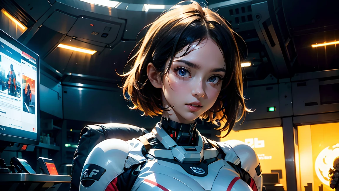 arafed image of a woman in a futuristic suit with a spaceship in the background, movie art, in front of an orange background, inspired by Robert McGinnis, female protagonist, megastructure in the background, portrait of an ai astronaut, astronauts, an astronaut, portrait of a astronaut skeletor, perfect android girl, frank franzzeta and sakimichan