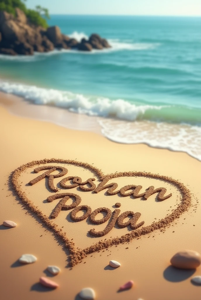 ROSHAN love Pooja name in heart on beach drawing in sand