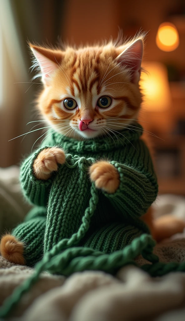 a cat knitting and making a green sweater, detailed fur textures, cute cat expression, cozy indoor scene, warm lighting, 4k, hyper detailed, highly realistic, masterpiece