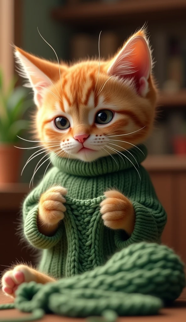 a cat knitting and making a green sweater, detailed fur textures, cute cat expression, cozy indoor scene, warm lighting, 4k, hyper detailed, highly realistic, masterpiece