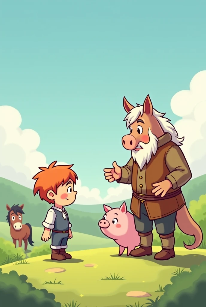 Hans meets a swineherd and trades his horse for a pig.
Chibi comic for kids anime style horse on background more chibi version