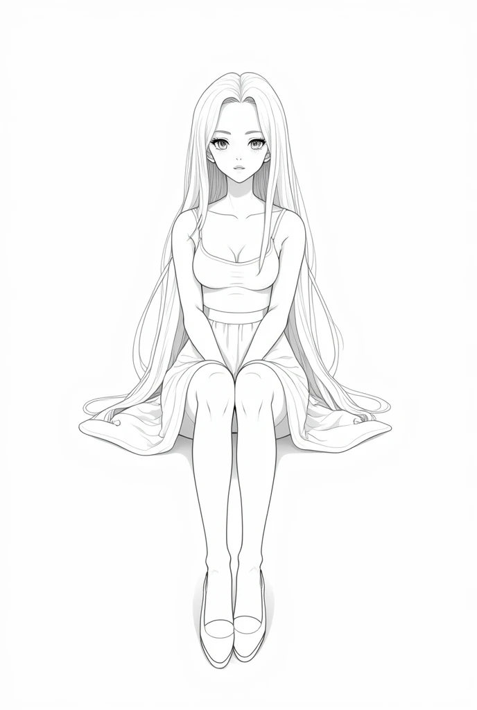 Lineart image of a girl sitting in the middle of a blank background Wearing high socks long white hair, white skin, white clothes, white shoes, white background line art.No colors thick thighs thick boobs facing forward