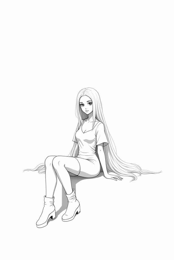 Lineart image of a girl sitting in the middle of a blank background Wearing high socks long white hair, white skin, white clothes, white shoes, white background line art.No colors thick thighs thick boobs facing forward 