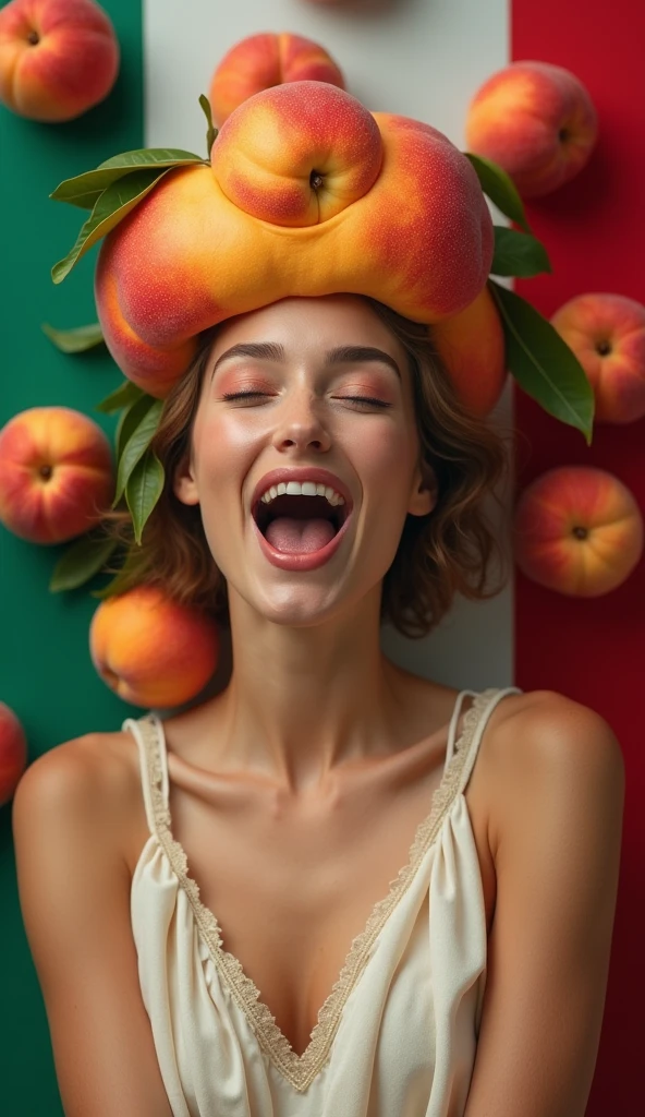 1 beautiful clothed Italian woman in her 30s。Facing forward、Mouth wide open。The expression is、Sexually lewd expression、Ecstatic expression、I feel a strong sense of ecstasy。The head is peeled、Wearing a large real peach。There are a lot of peaches on and around the head.。The skin is、Hidden by clothes、Light clothing。There are peaches all around。Covered in peaches。Fully clothed。No tattoos。The background is in the colors of the flag
