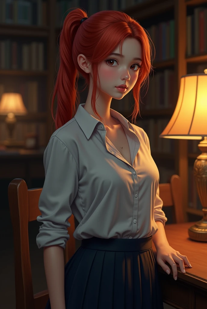 realism, thai university uniform, girl, ponytail, red hair, background night libary