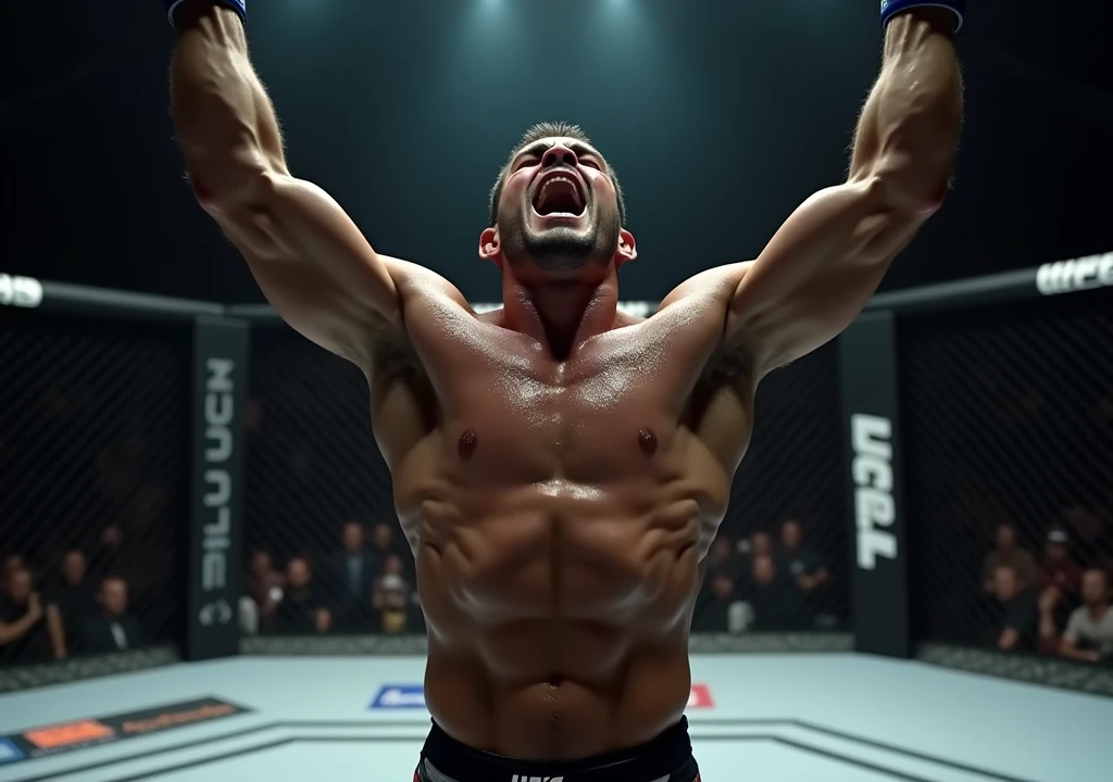 has a UFC man screaming in the air in celebration in an octagon with a very strong aura