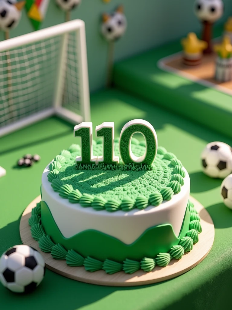 birthday cake in green and white colors with the word 110 written on it on a table decorated with a soccer theme