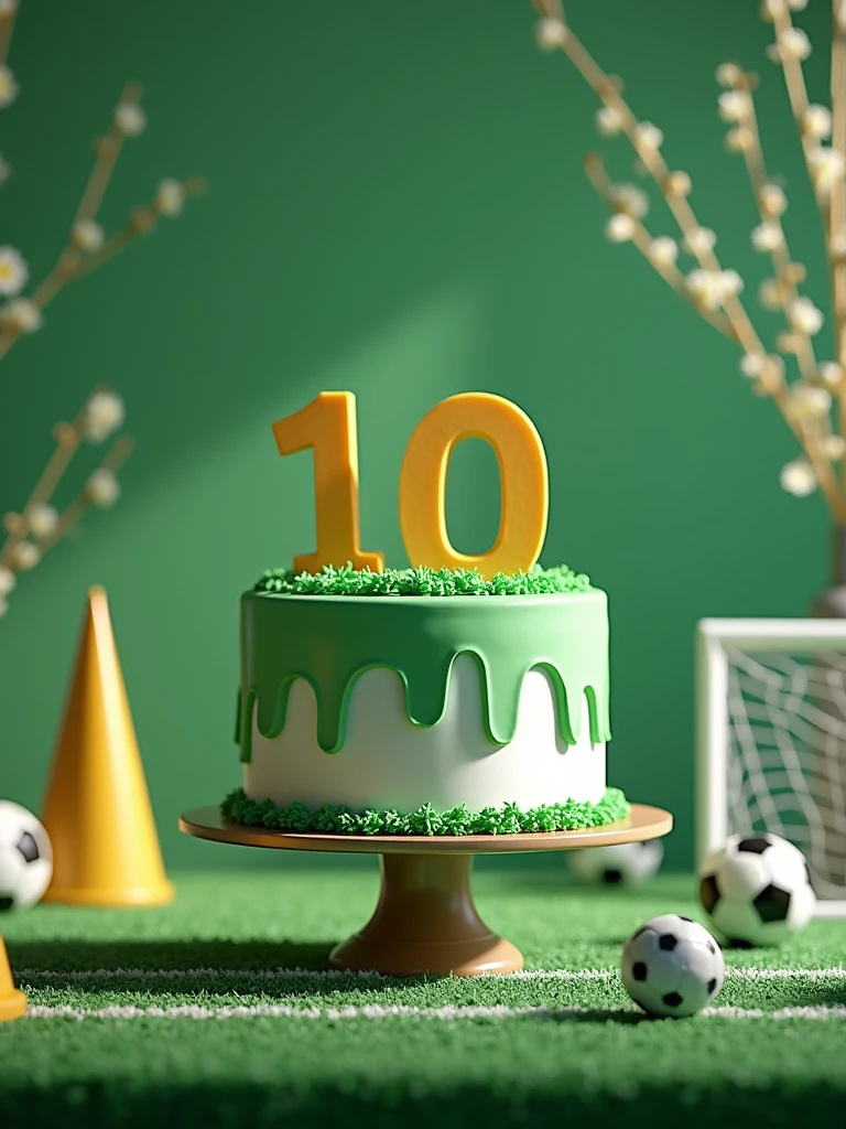 birthday cake in green and white colors with the word 110 written on it on a table decorated with a soccer theme