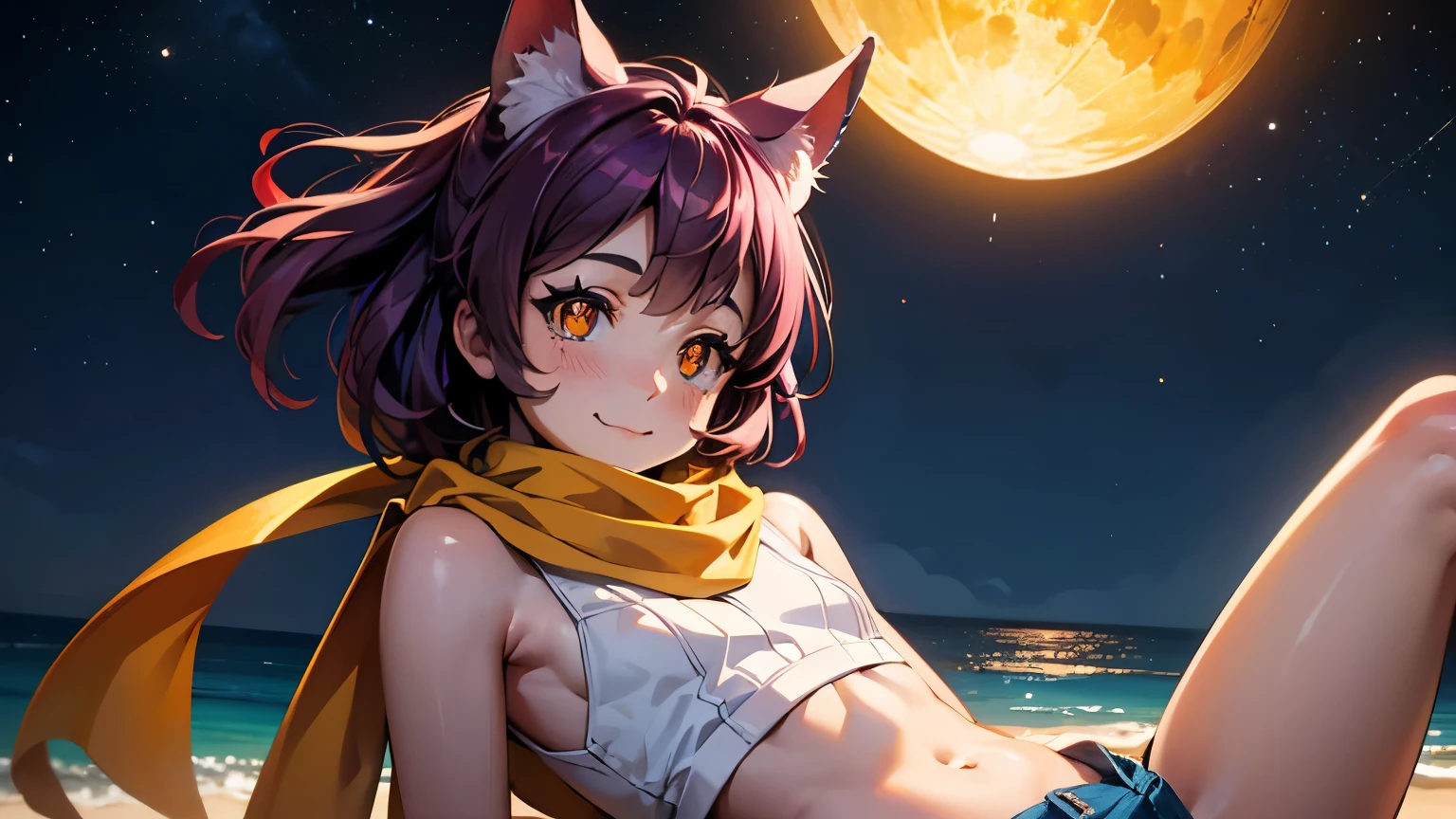 photorealistic, 1girl, saturated violet hair, orange fox ears (1.7), flat chest (1.7), puffed out her cheeks, saturated glowing bright orange eyes, cat-like pupils (2), sandy beach, denim shorts, sweater, narrow waist (2), happy eyes, cutely holds,flirts(1.6), orange scarf,hands behind back, sweet smile, beautiful starry sky, the sun is behind