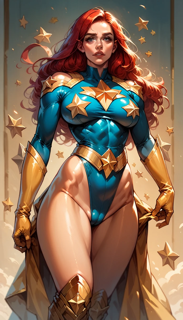 score_9, score_8_up, score_7_up, score_6_up, (((masterpiece))), (((Best Quality: 1.5))), Sexy, Superheroine, Red hair, long hair, busty, plump, curvy, ((blue highleg leotard with a t-back thong and a gold star insignia on chest)), gold boots, gold gloves,