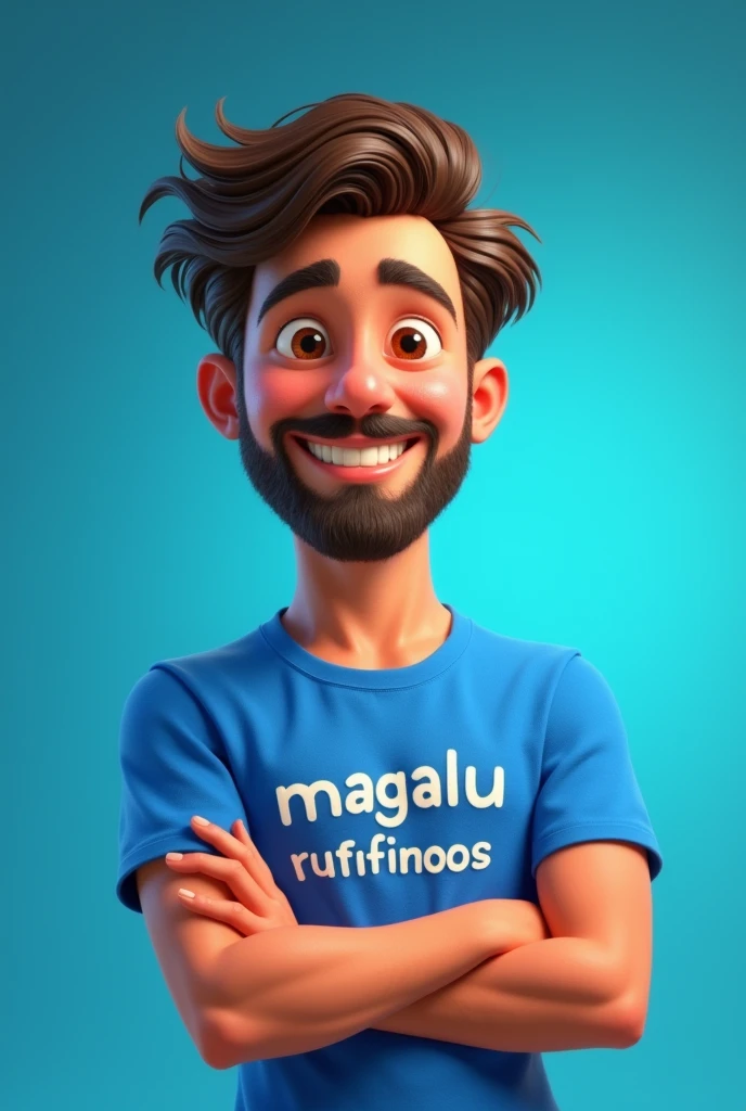 Pixar drawing of a handsome 2 man with brown eyes, beard, long straight wavy hair, wearing a blue shirt with "Magalurufinoos" written on it, with his arms crossed, facing the camera. with blue studio background