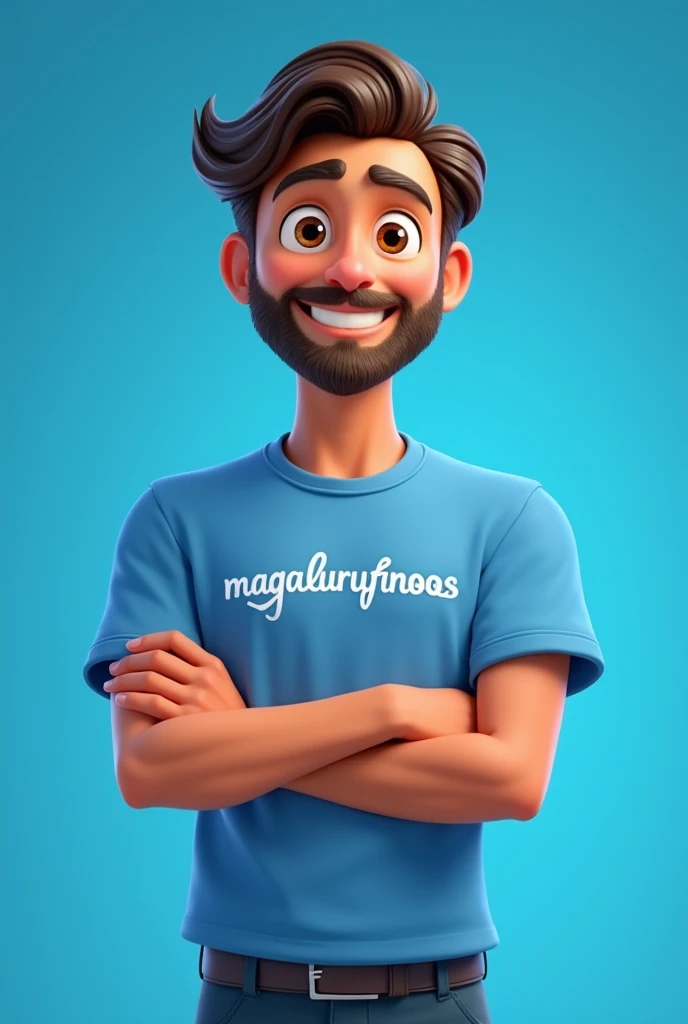 Pixar drawing of a handsome 2 man with brown eyes, beard, long straight wavy hair, wearing a blue shirt with "Magalurufinoos" written on it, with his arms crossed, facing the camera. with blue studio background