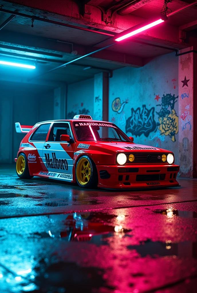 can u crate a golf 4 with bodykit and marlboro red design in a garage with neon blue and pink and the garage is all wet with graffiti design and yellow wheels 
