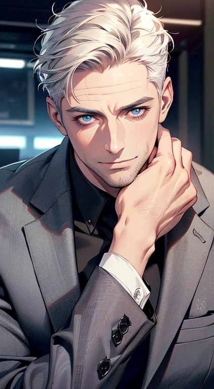 (best quality,4k,8k,highres,masterpiece:1.2),ultra-detailed,(realistic,photorealistic,photo-realistic:1.37),1 man,3,mature man,very handsome,without expression,smile,short white hair,blue eyes,penetrating gaze,perfect face without errors,imposing posture,businessman,office background,cinematic lighting,hdr image