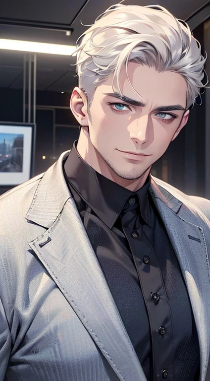 (best quality,4k,8k,highres,masterpiece:1.2),ultra-detailed,(realistic,photorealistic,photo-realistic:1.37),1 man,3,mature man,very handsome,without expression,smile,short white hair,blue eyes,penetrating gaze,perfect face without errors,imposing posture,businessman,office background,cinematic lighting,hdr image