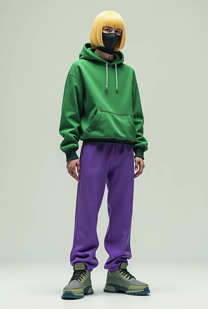 Draw a guy wearing a green hoodie and purple pants., he also wears diamond shoes. He has blond hair and always wears a mask.