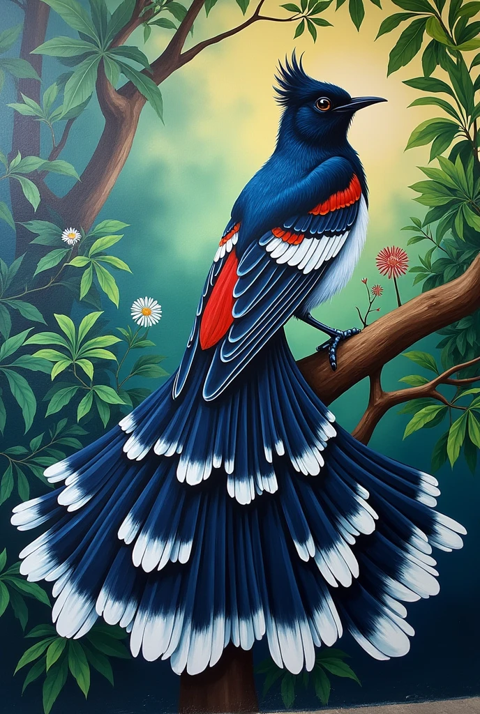 Mural of Indonesian magpie robin with long and beautiful tail