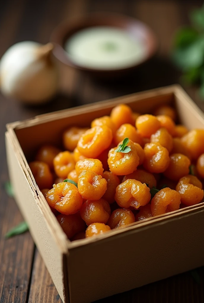 Homemade nepali fried achhar of garlic very small pieces in a box