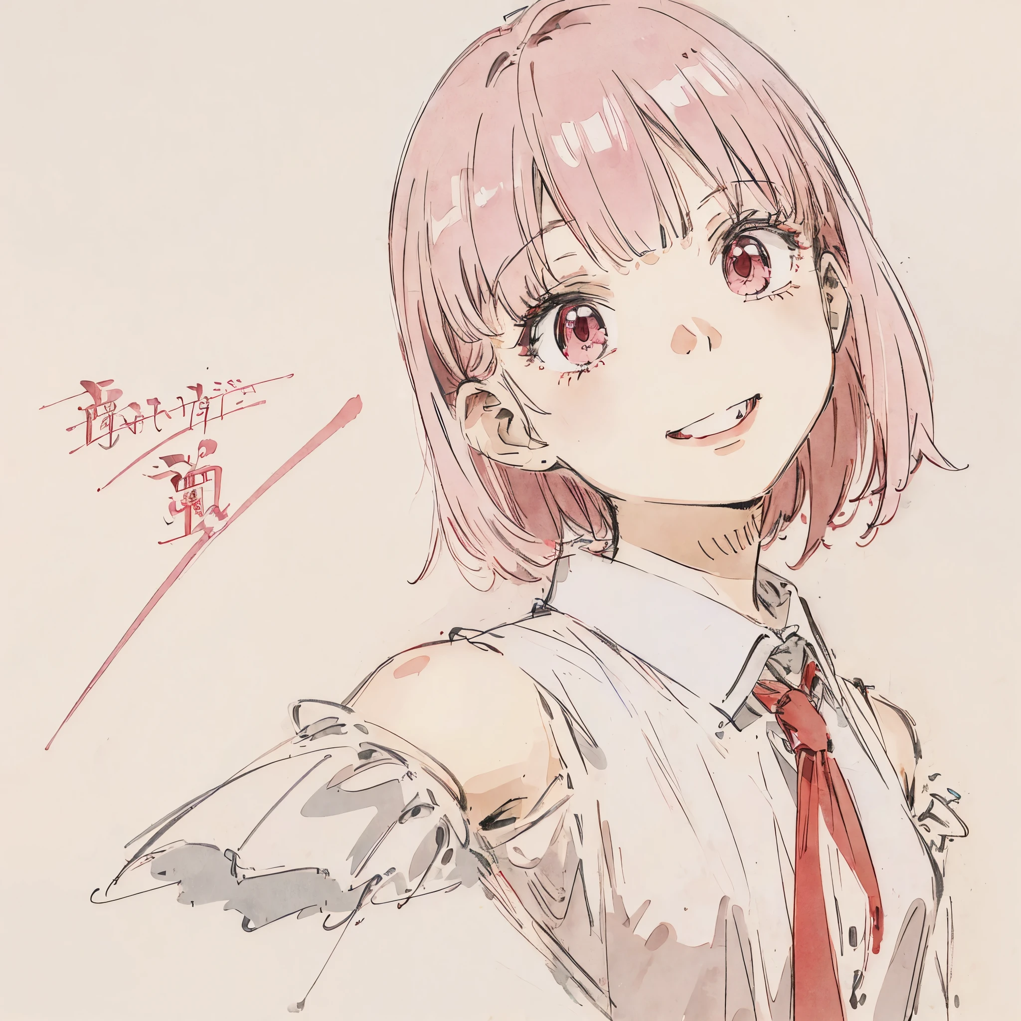 a girl with shoulder-length pink hair, her hair loose, red eyes, cute smile, wearing a white shirt with a red striped tie, (white background), Doraemon style art 