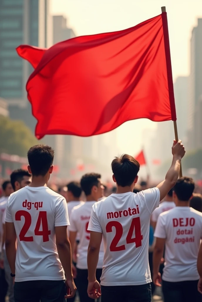 Men campaigning with a red flag that says Morotai Bangkit, a white shirt on the back that says "DG-Qu 24"...