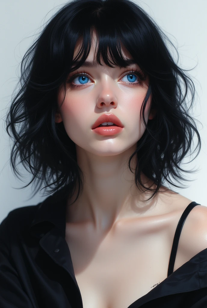 Best quality, masterpiece, black hair, Blue eyes, Looking up, upper body