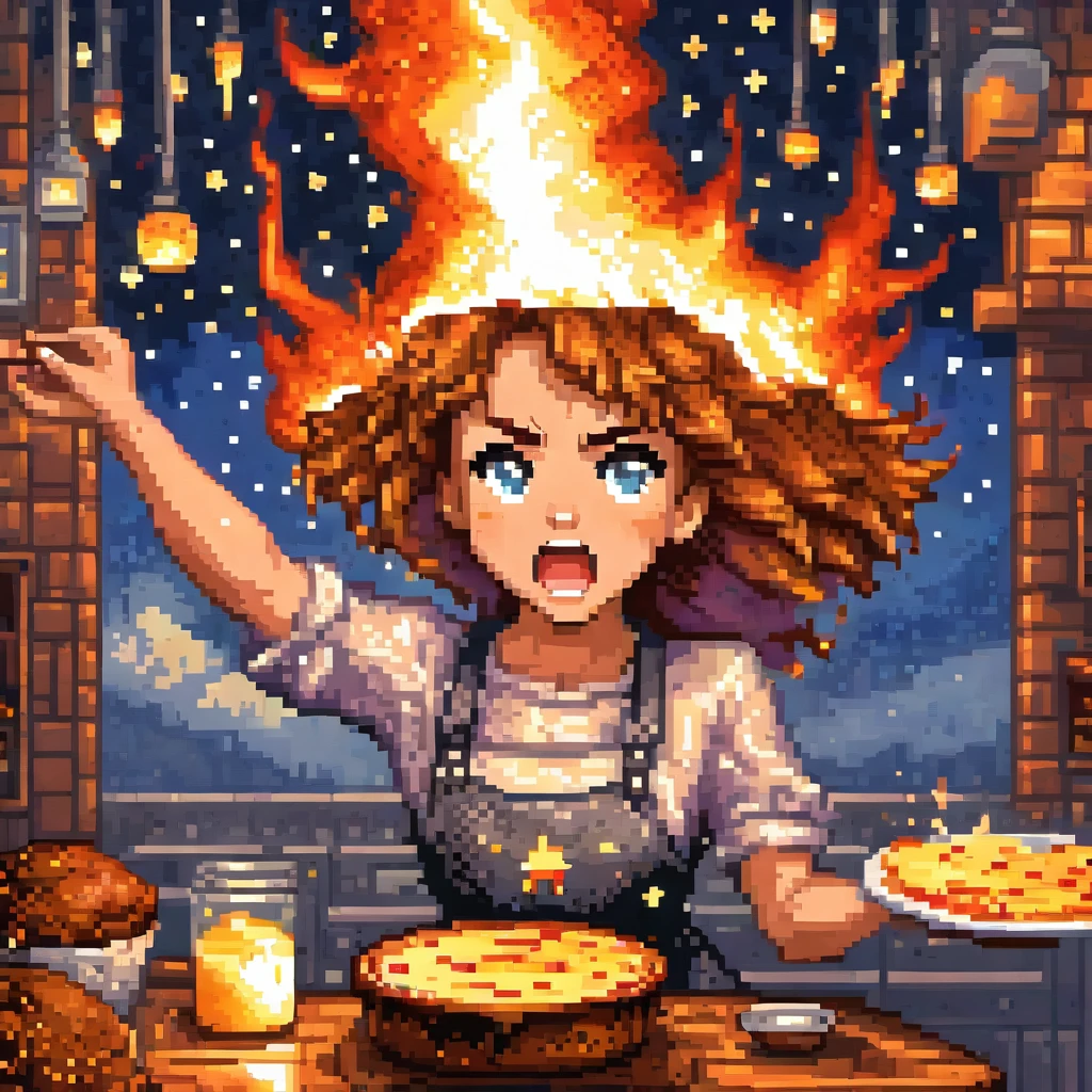 A young woman gets extremely angry after her pudding is eaten, reaching for the stars, with flames in the background, in a pixel art style, detailed , best quality, masterpiece, ultra intricate detailed, high detailsone, in a pixel art style, detailed , best quality, masterpiece, ultra intricate detailed, high detailsone