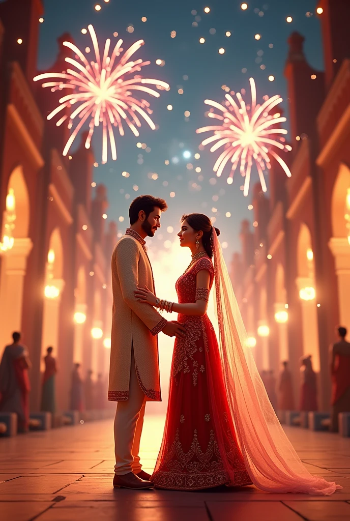 An animated asian groom and bride standing in a wedding venue and fire works around them groom wearing kurta pajama and bride wearing lehanga