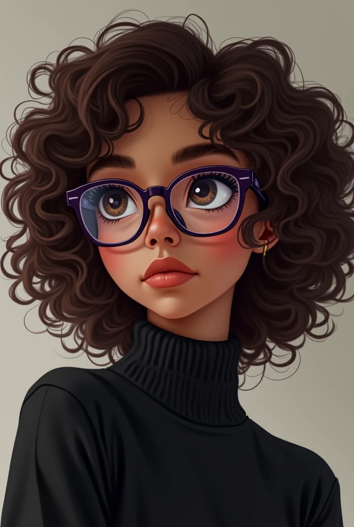 An 1 brown girl with curly brown hair, round face wearing purple glasses with clear lenses, wearing a black sweater, with a calm countenance