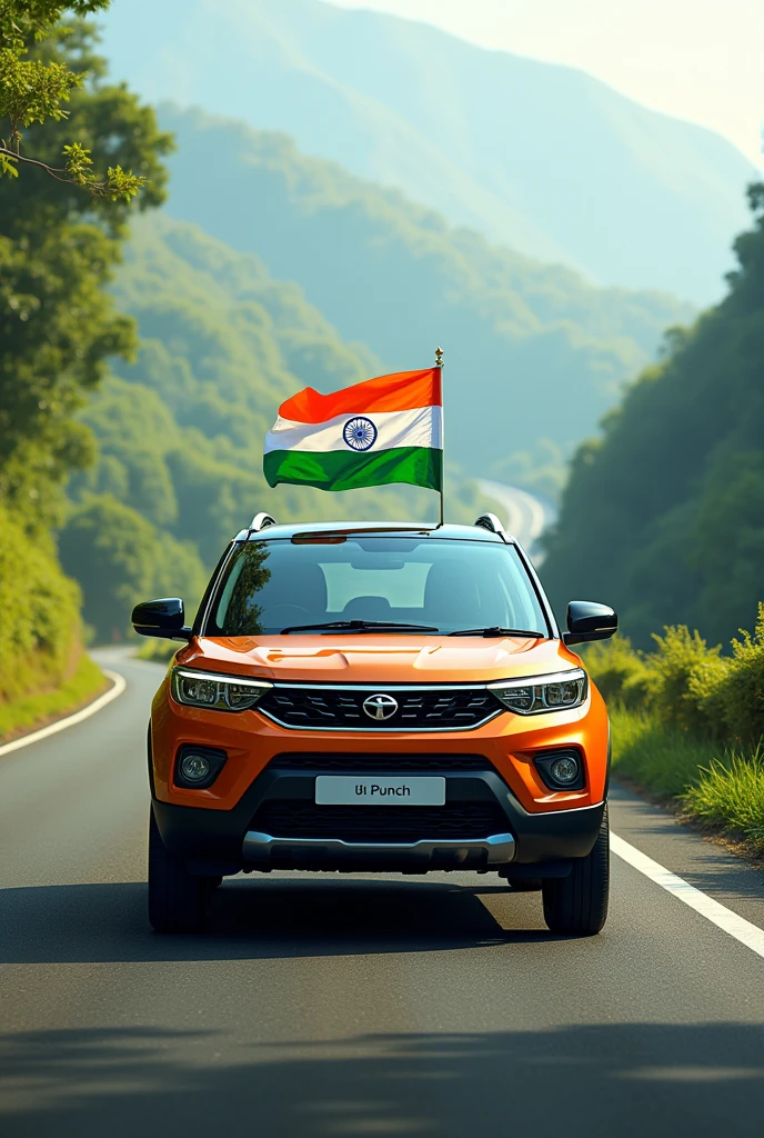 Indian tata punch car with flag on hood park on highway 