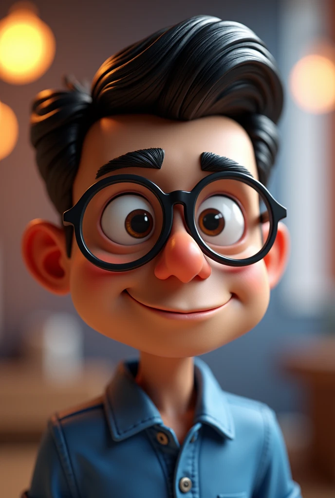 Cartoon character of a man in black glasses and blue shirt, animation character, stylized character, animation style rendering, 3d stylized, Arnold Maya rendering, Stylized 3D rendering, toon render screenshot, 3d character, 3d character, Stylized 3D rendering, 3D character rendering, cartoon character, Personagem de close up, character posing, (Pixar-style) (master part:1.2) (bokeh) (best qualityer) (skin detailed) (detailed texture) (8k) (Argilla) (cinematic lighting) (sharp focus