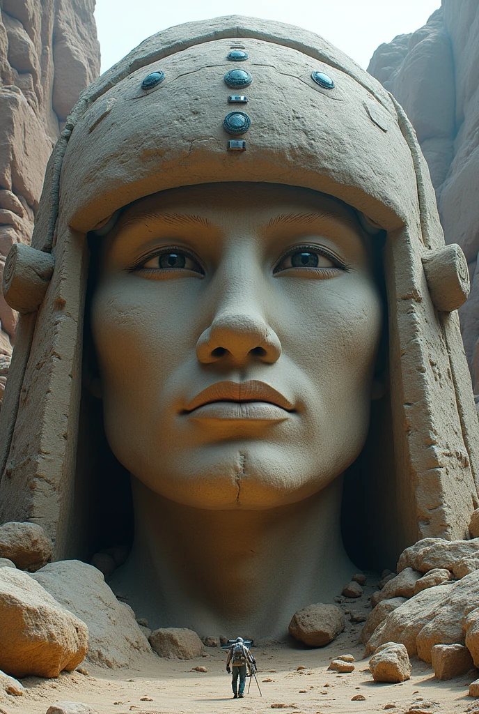 Cabeza Olmeca, Olmec Head, colosal, Made by rock, from the future, high technology, with a army helmet, hd,  detailed, front view, like a photo
