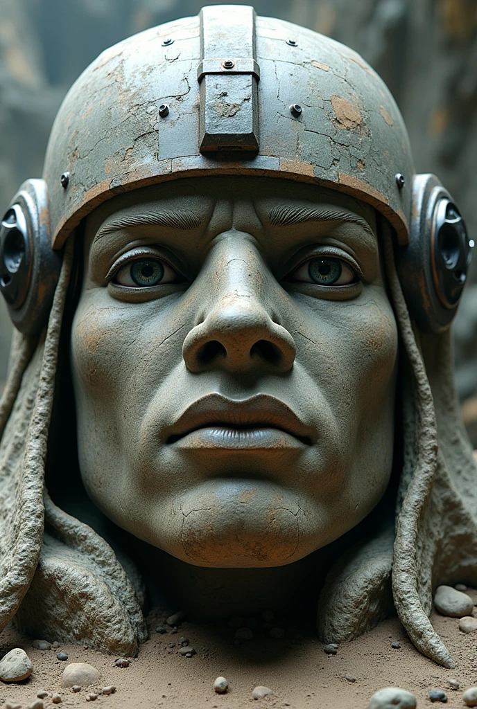 Cabeza Olmeca, Olmec Head, colosal, Made by rock, from the future, high technology, with a army helmet, hd, detailed, front view, like a photo