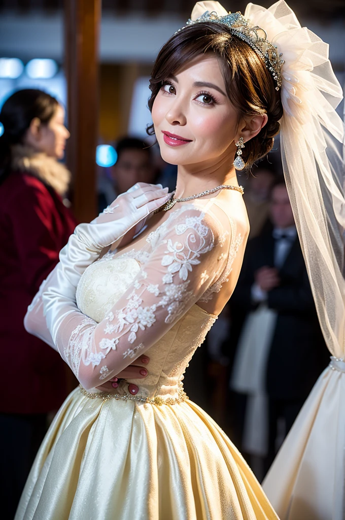 ((Masterpiece)), ((Best Quality)), A middle-aged short-hair woman, ((She is wearing an ornamental wedding dress)), She is wearing gloves on her hands., outdoor, She is on snow. She is wearing a big necklace, from side view