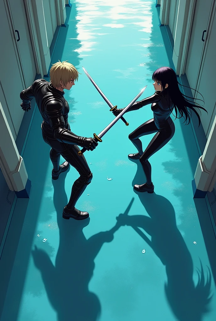 The image is anime style with shadows and dim lights, anime style although somewhat adult and dark, It shows a scene of a wide street with white walls., and whose soil, It&#39;s like crystal clear water, which perfectly reflects what happens on its surface. On that street a man with medium-length blond hair is fighting, wearing armor on his arms and holding a gun., fights against a single android with long black hair and a latex suit holding two swords in her hands. The image is focused from above, so you can barely see the fighters in question.