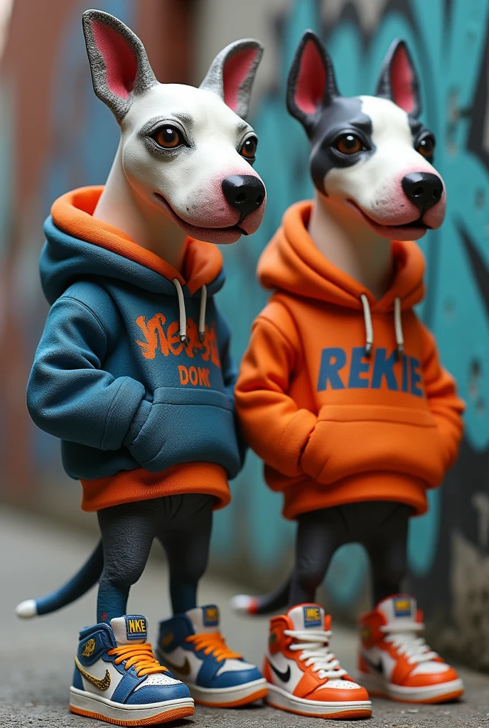 Toy ART, sculptures, urban art, Munny, Bull terrier e Pit Bull terrier, wearing a sweatshirt and Nike sneakers