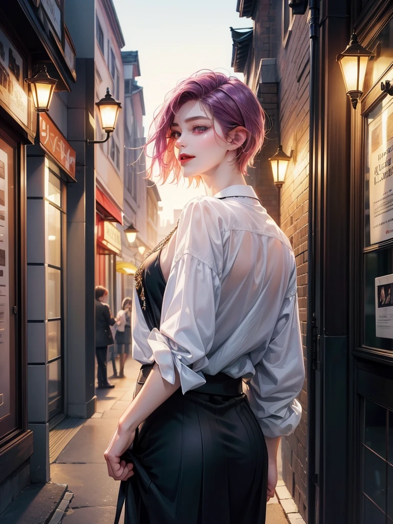 masterpiece, Top quality, Other 2, Couples, 1 person 1,, Adults, Height difference, Different fashion, Different colors, Delicate eyes and delicate face, Intricate details, Casual Clothing, Large-size shirt, Modern city street, Put your hands behind your back, a smile, happiness, tenderness, High level of image quality、 Beautiful man、High target、Hug from behind、Trying to kiss、window、dusk、Night view、art itself、Korean male, Idol photos, Korean Pop, Professional photos, vampire, Black and white Korean fashion, Federman (Fedman) Wearing a necklace, Inspired by Sim Sa-jeong, 雌雄同体的vampire, :9 Detailed Face: 8, The face is rich in detail, Detailed punk hairstyle, ((Work)) Eye bags, Tempting. Very detailed, semi realistic anime, vampire, Surreal Teenagers, Delicate hermaphroditic prince, A sheep, Short hair above the ears, Short hair man, Woman with long hair, The man's expression was fierce,Woman with gentle expression, and a short-haired man with bright purple hair, Woman with very long pink hair