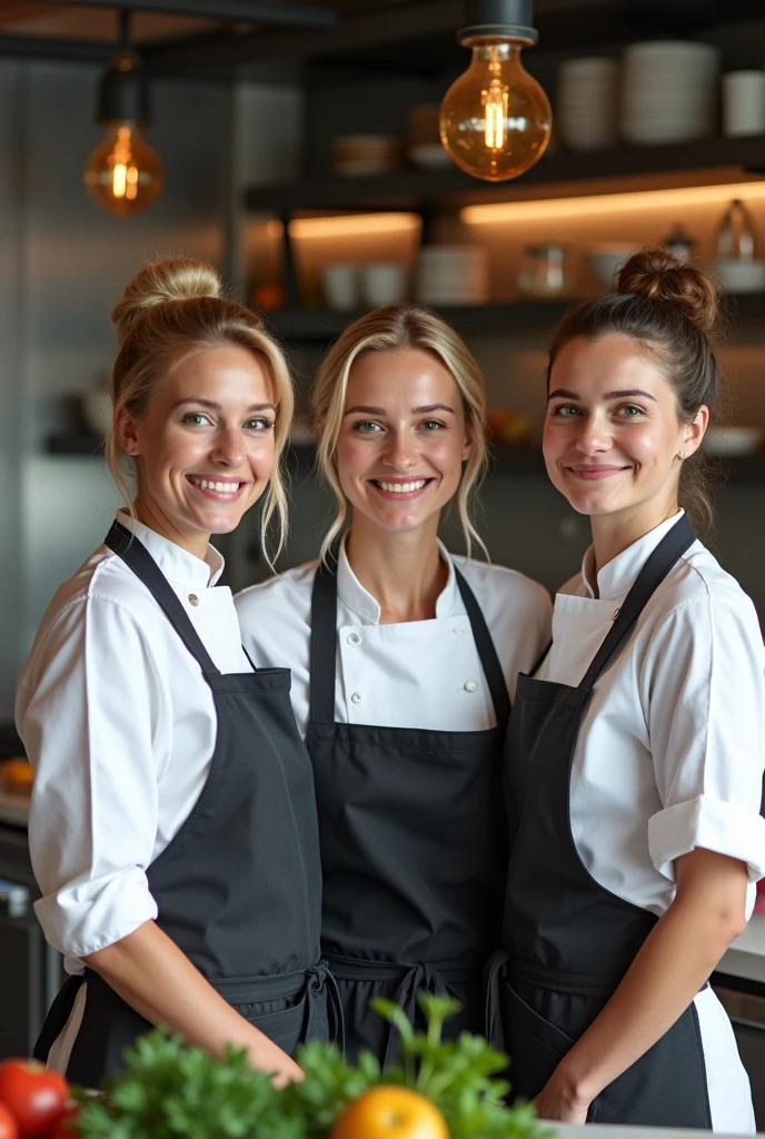 "A professional-looking, 3 American woman , wearing a modern chef's coat and apron in a well-lit, stylish kitchen. She should appear friendly and confident,with a warm smile. The kitchen background should include sleek countertops, fresh ingredients, and soft natural lighting, creating a welcoming and inspiring atmosphere."
